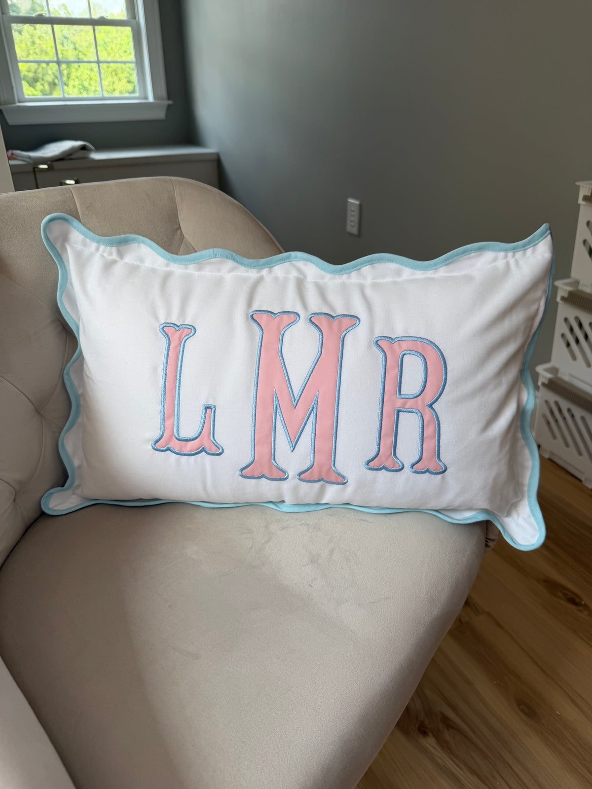 Scalloped Pillow with Embroidered Applique Monogram