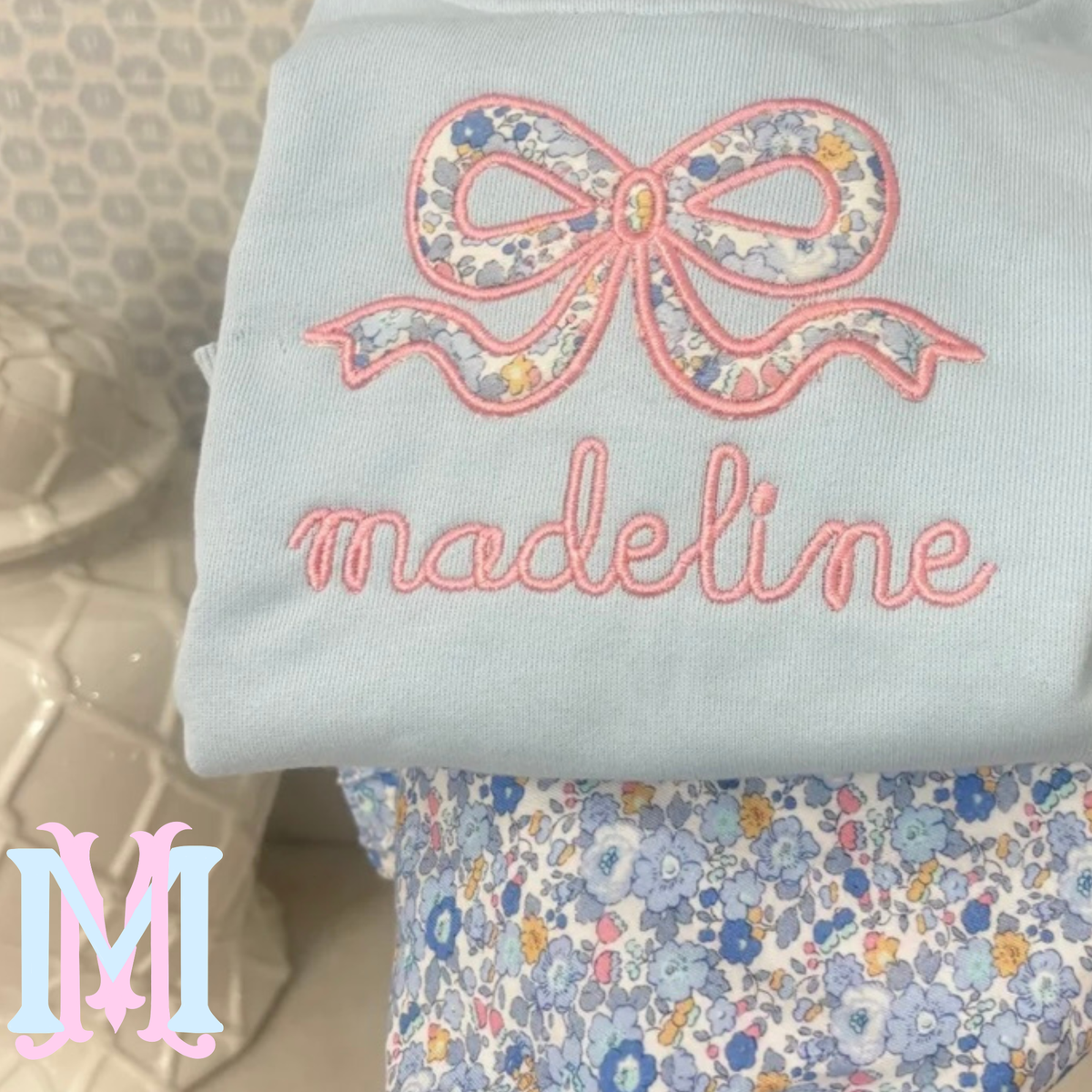 Pre Order Blue Mockneck with Floral Applique