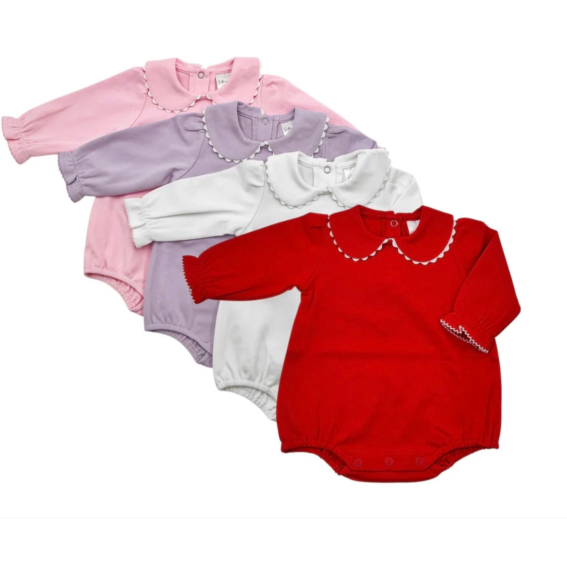 Five baby long-sleeve bodysuits with ruffled Peter Pan collars, arranged in a fan shape on a white background. The colors are red, white, lavender purple, light pink, and a darker red.