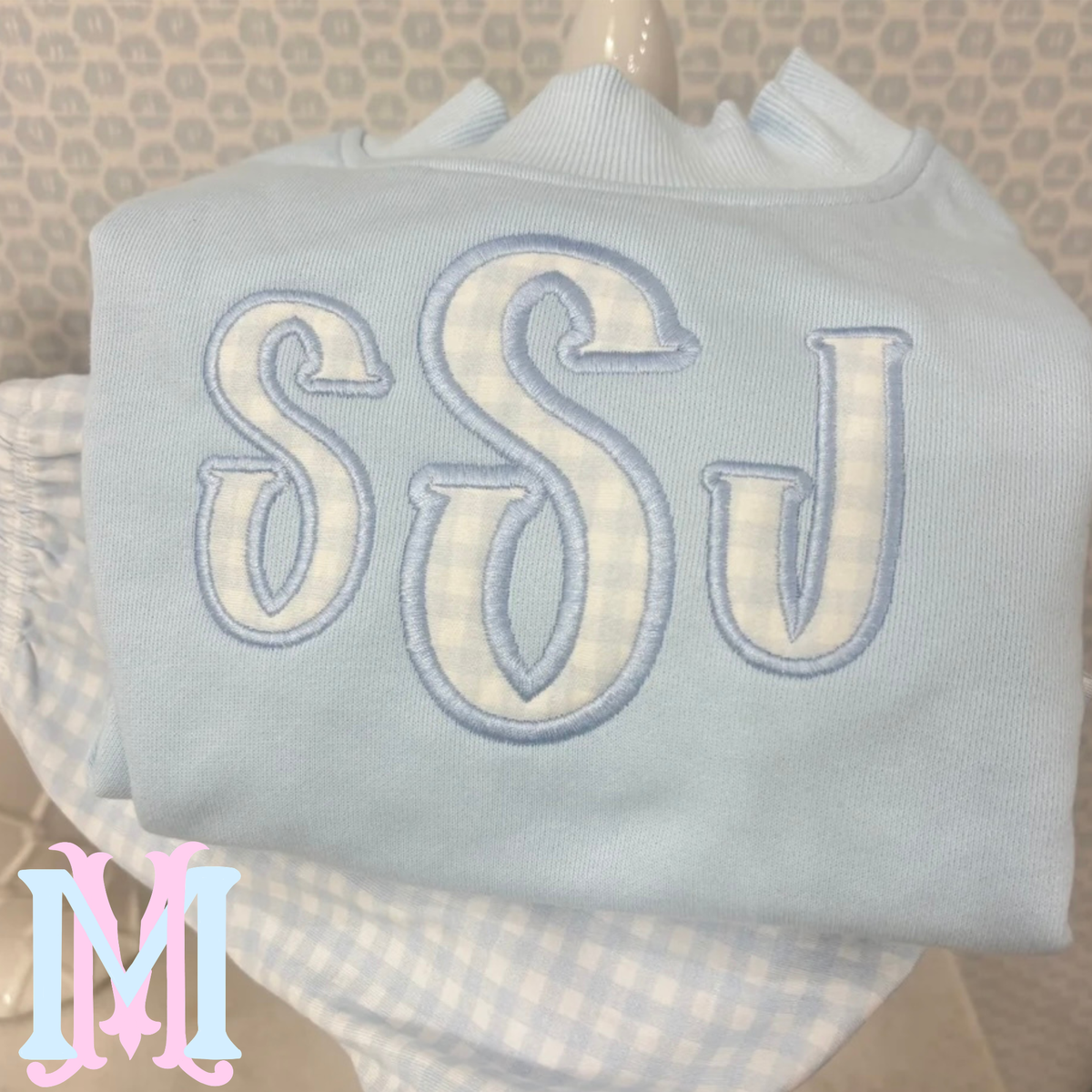 Pre Order Blue Mockneck with Gingham Applique Monogram