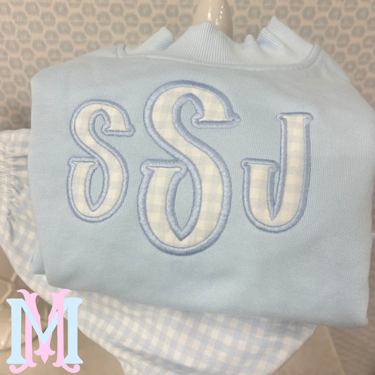 Pre Order Blue Mockneck with Gingham Applique Monogram
