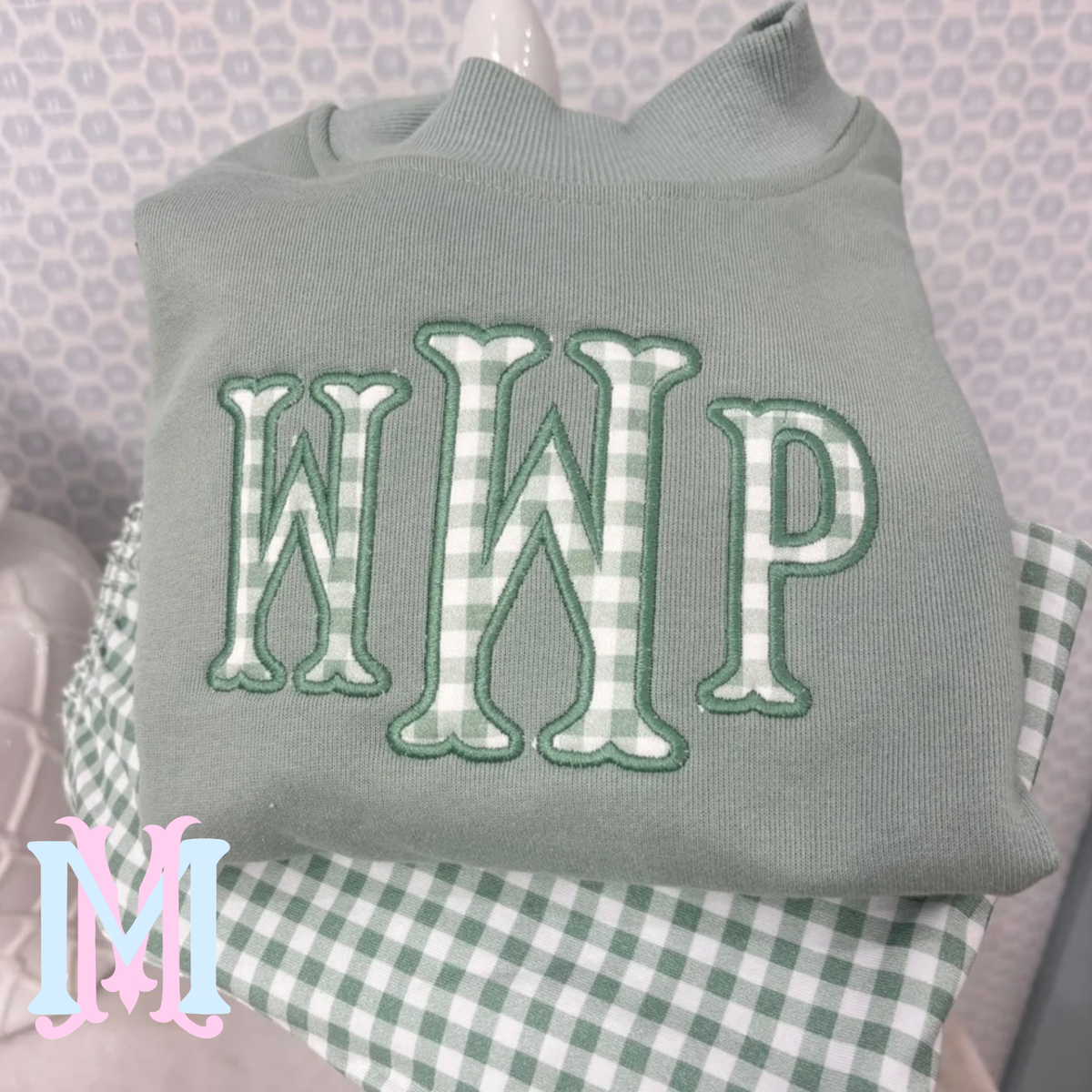 Pre Order Sage Mockneck with Gingham Applique