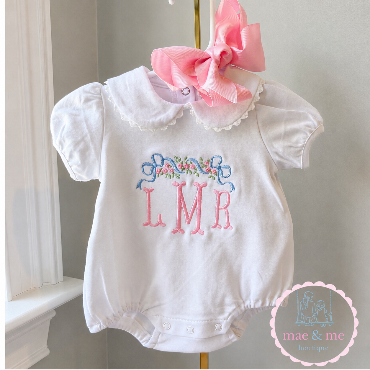 Scalloped Collard Bubble Short Sleeve with Florals and Monogram