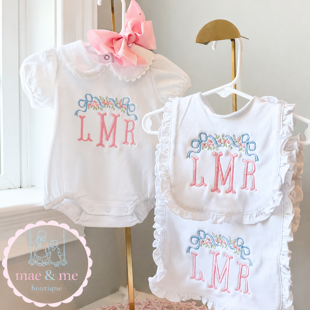 Scalloped Collard Bubble Short Sleeve with Florals and Monogram