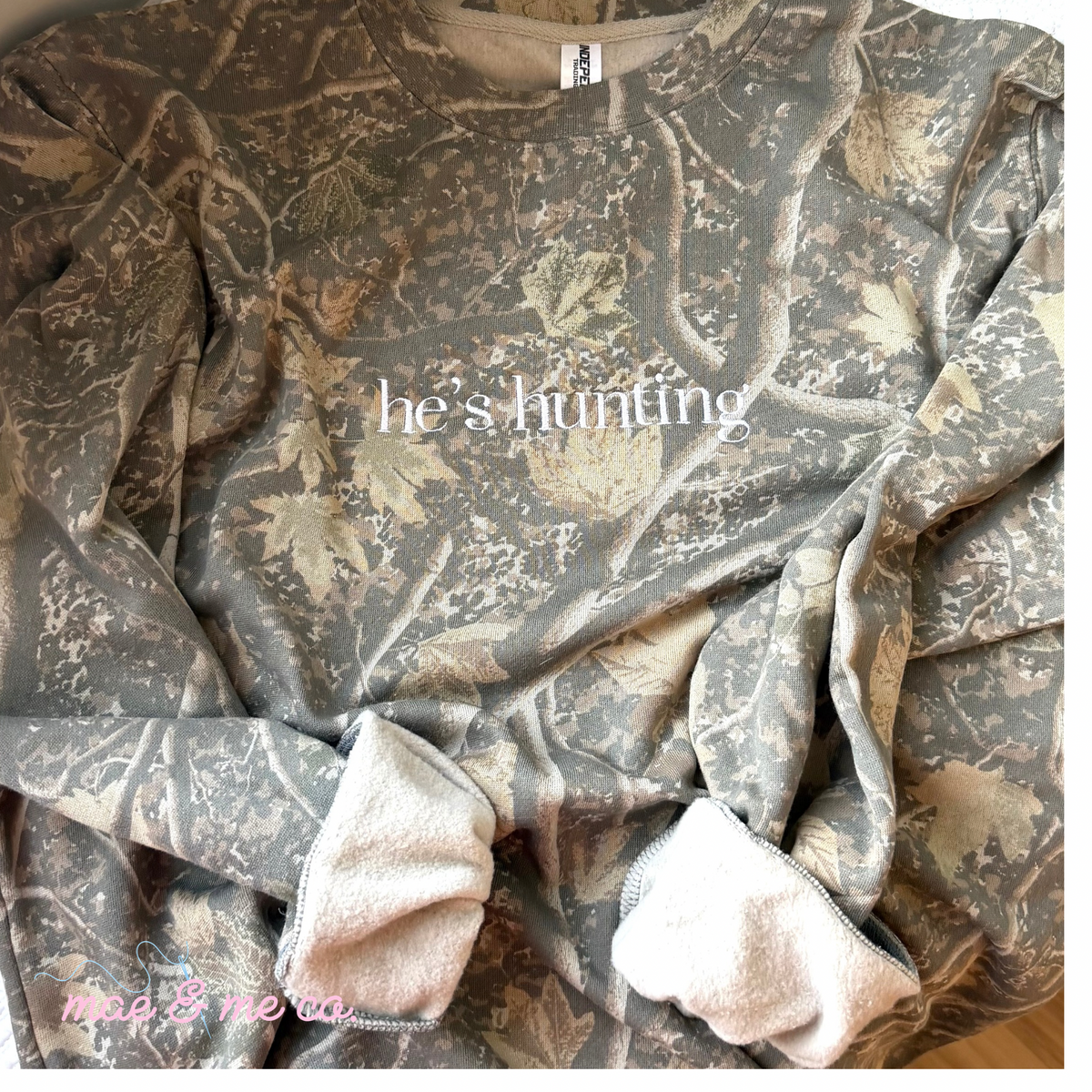 He’s Hunting Embroidered Camo Crewneck Sweatshirt