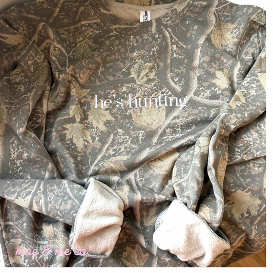 He’s Hunting Embroidered Camo Crewneck Sweatshirt