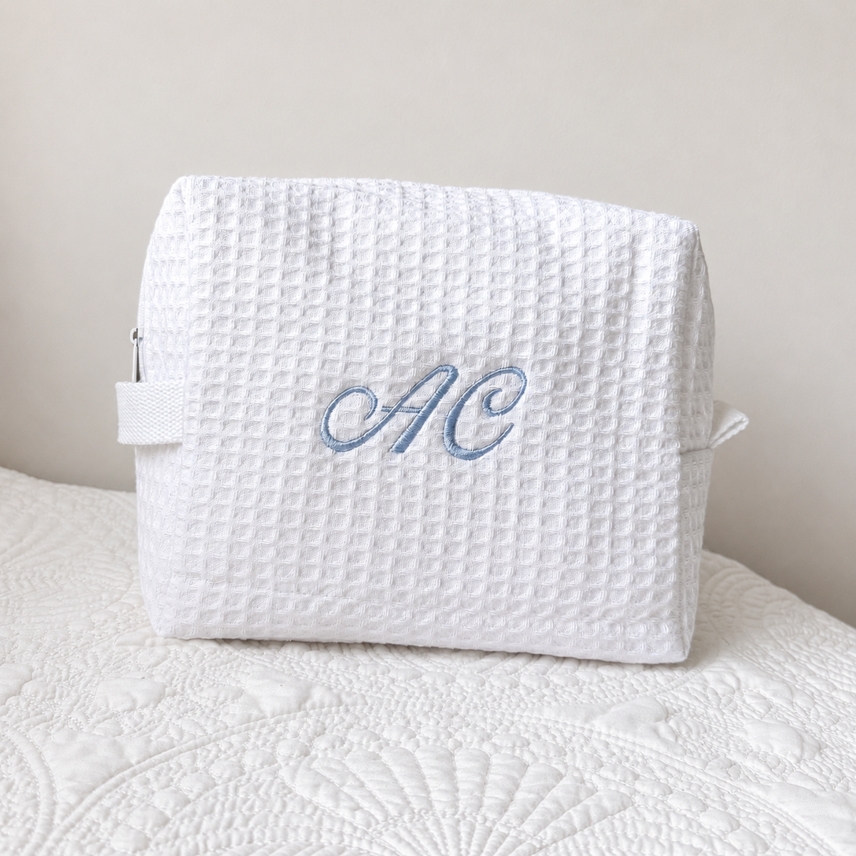White Waffle Cosmetic Bag with Custom Embroidery