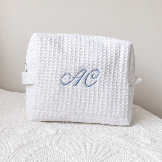 White Waffle Cosmetic Bag with Custom Embroidery