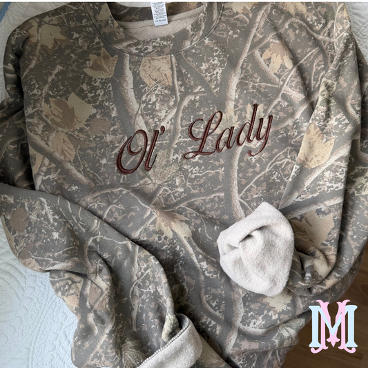 Ol’ Lady Embroidered Camo Crewneck Sweatshirt
